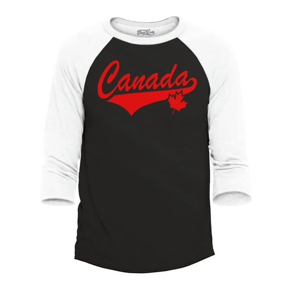 Shop4Ever Men's Canada Red with Leaf Canadian Flag Flowy Boxy Raglan Baseball Shirt Medium Black/White