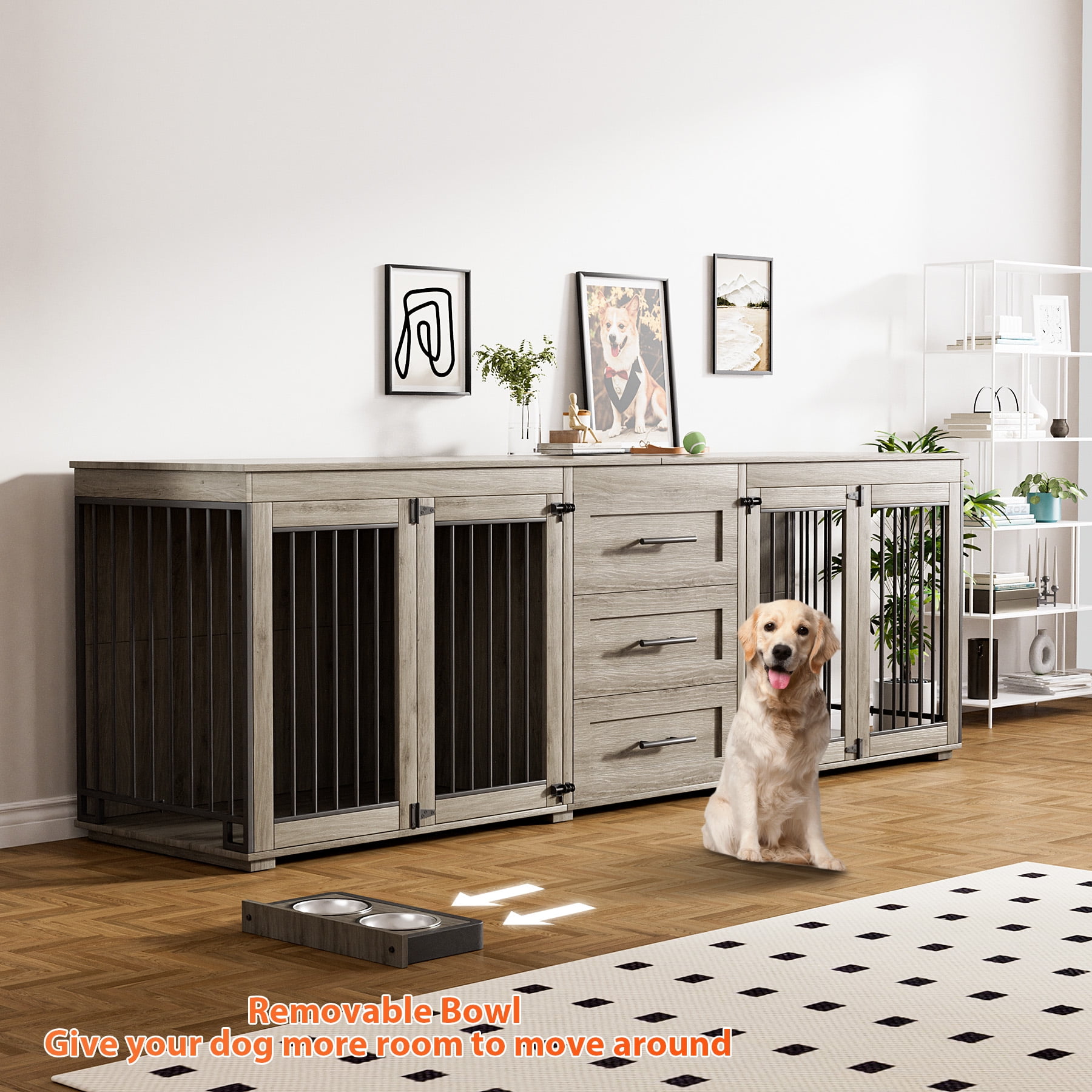 Rophefx 95.4" Dog Crate Furniture for 2 Dogs,Large Kennel with 3 Drawers and 4 Bowls,Wooden Heavy Duty Indoor Dog House,Grey