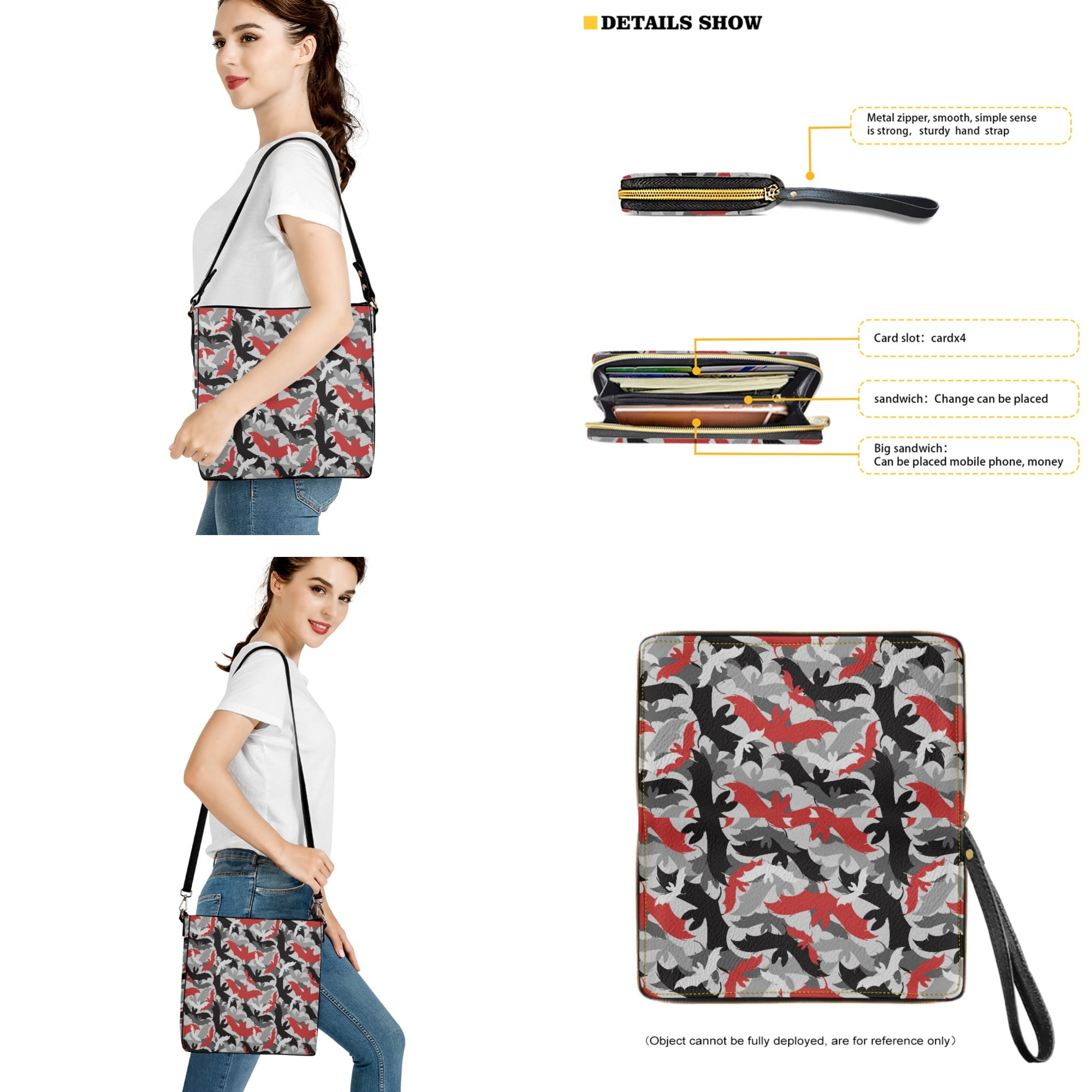 ZUXONGSY Halloween Bat Print Large Crossbody Handbag with Leather Wallet for Women, Waterproof Bucket Bag Tote Purse Set for Shopping Working