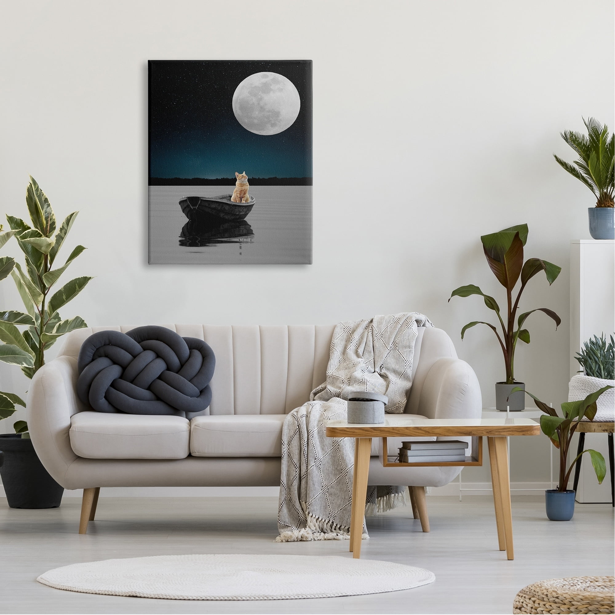 Stupell Industries Orange Cat Floating Rowboat Nighttime Moon Lake Scene Graphic Art Gallery-Wrapped Canvas Print Wall Art, 30x40, by Atelier Posters