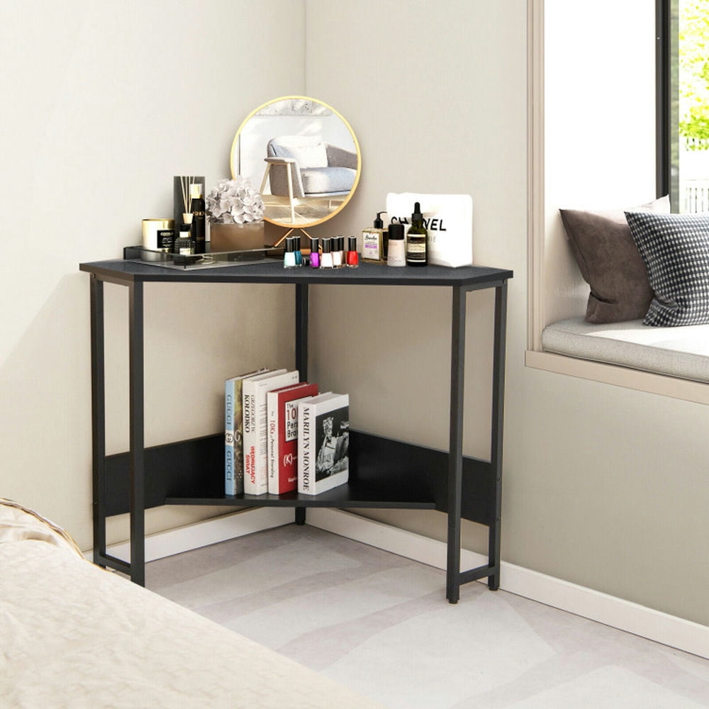 Demi Bonn Triangle Computer Corner Desk with Charging Station, Small Home Office Desk Study Writing Table, Black