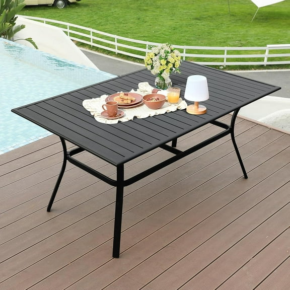 LVUYOYO Outdoor Patio Dining Table, Metal Rectangular Table with Umbrella Hole, All-Weather Furniture for Backyard, Garden,Balcony,Porch (Black)