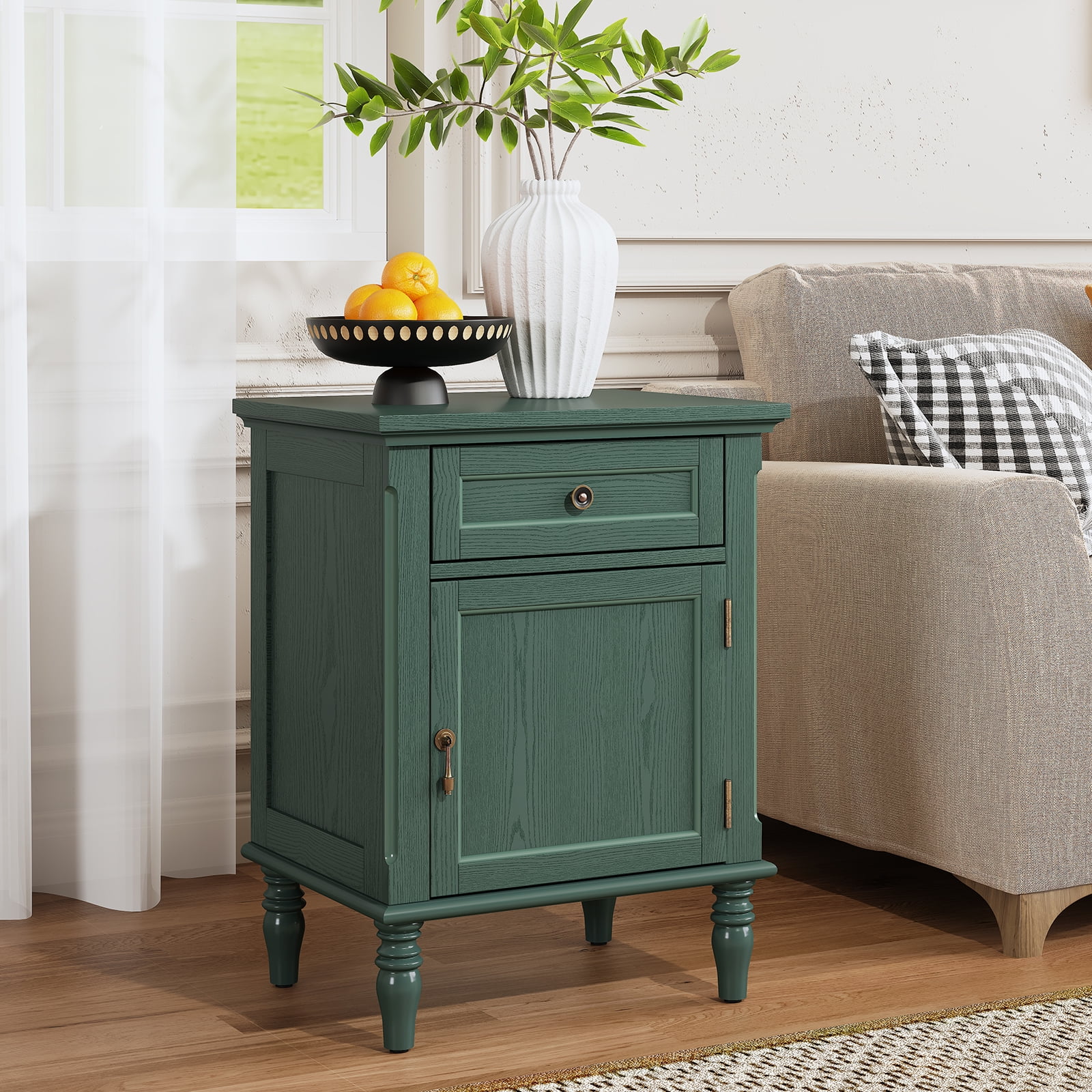 HLR 25"H Nightstands Set of 2, Modern Retro Bedside Table with Drawer, End Table for Bedroom, Green