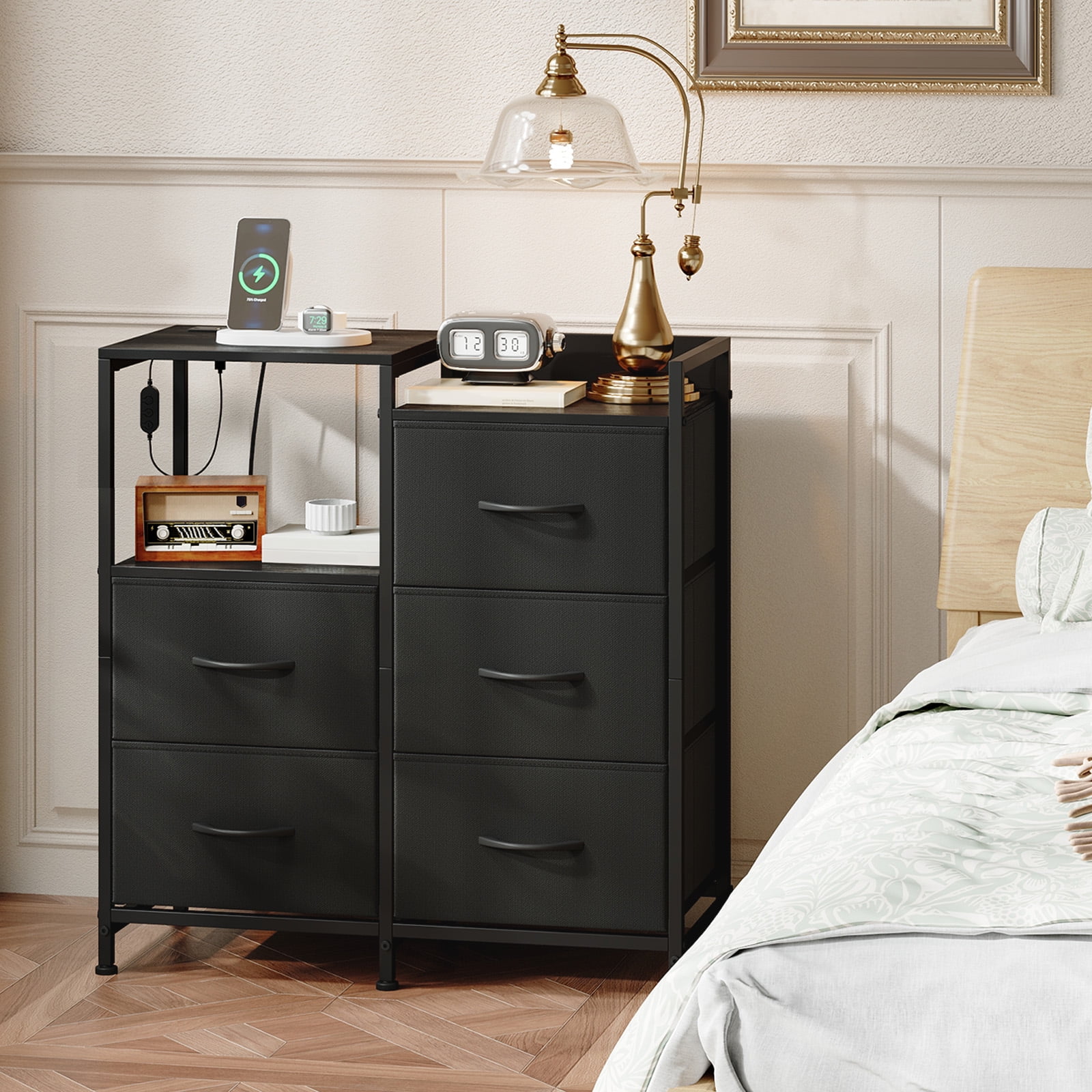 Eunos 5 Wide Black Drawers Dresser with Charging Station and Open Shelf for Bedroom Closet Dorm