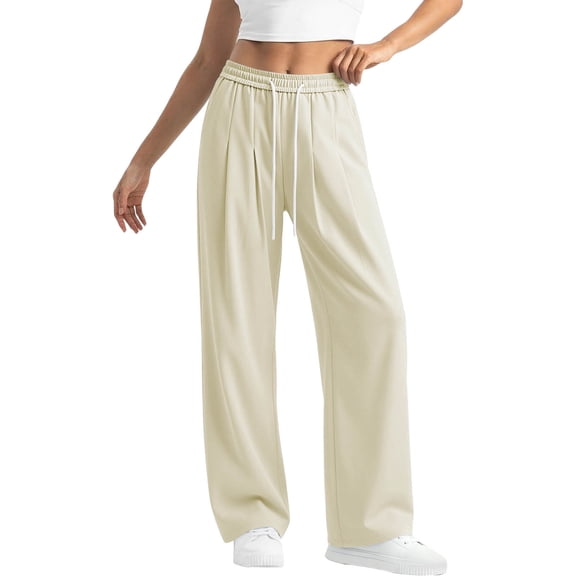 PWPSG High Waist Drawstring Pleated Wide Leg Casual Pants, Breathable Comfort Trousers for Daily Commute & Trendy Work Outfits Beige L
