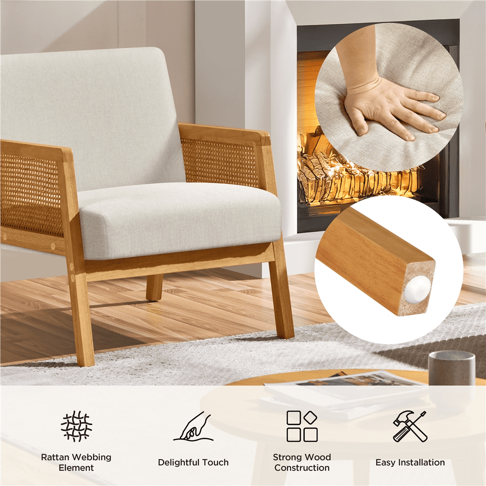 Renwick Fabric Upholstered Accent Chair with Rattan Sides for Living Rooms,Beige