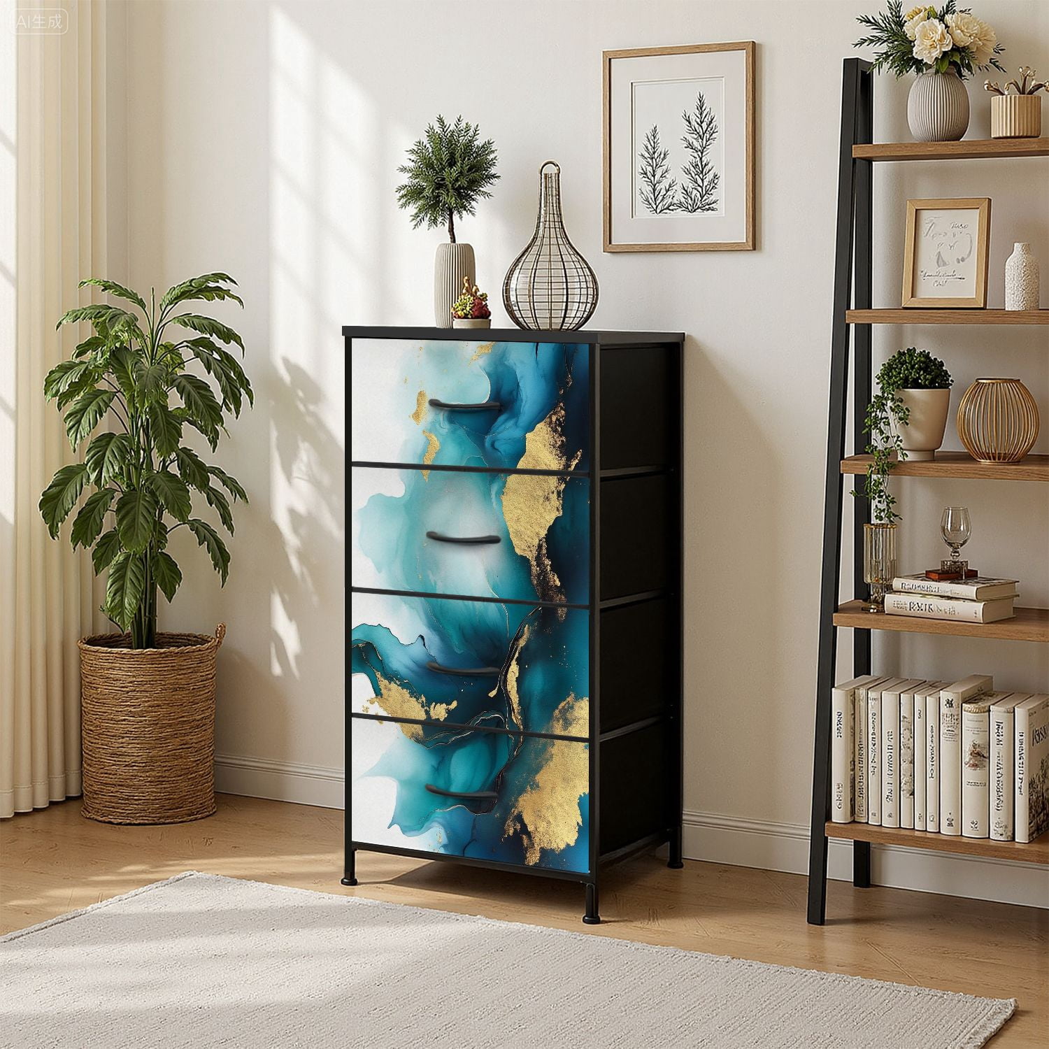 Kanworse 4 Drawer Fabric Dresser for Bedroom Teal Alcohol Ink Fluid Chests of Drawers for Closet Organizers Storage