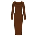 thumbnail image 4 of WRKEKC Long Sleeve Dress for Women Solid Color Fleece Lined Square Neck Bodycon Knee Length Dress with Ribbed Knit, 4 of 8