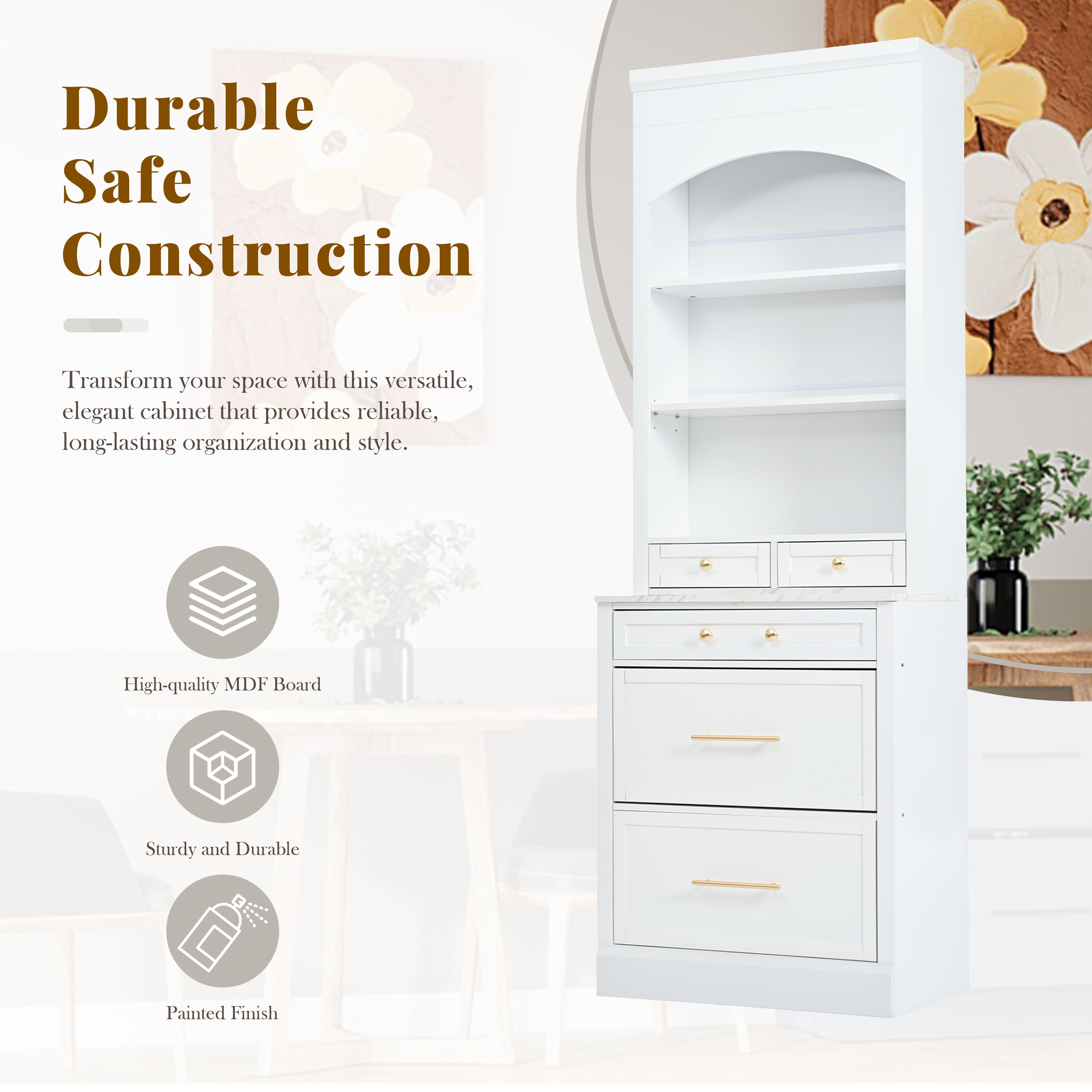 Harper & Bright Designs Freestanding Kitchen Pantry Storage Cabinet with Drawers and Shelves, Tall Kitchen Hutch with Faux Marble Top, White