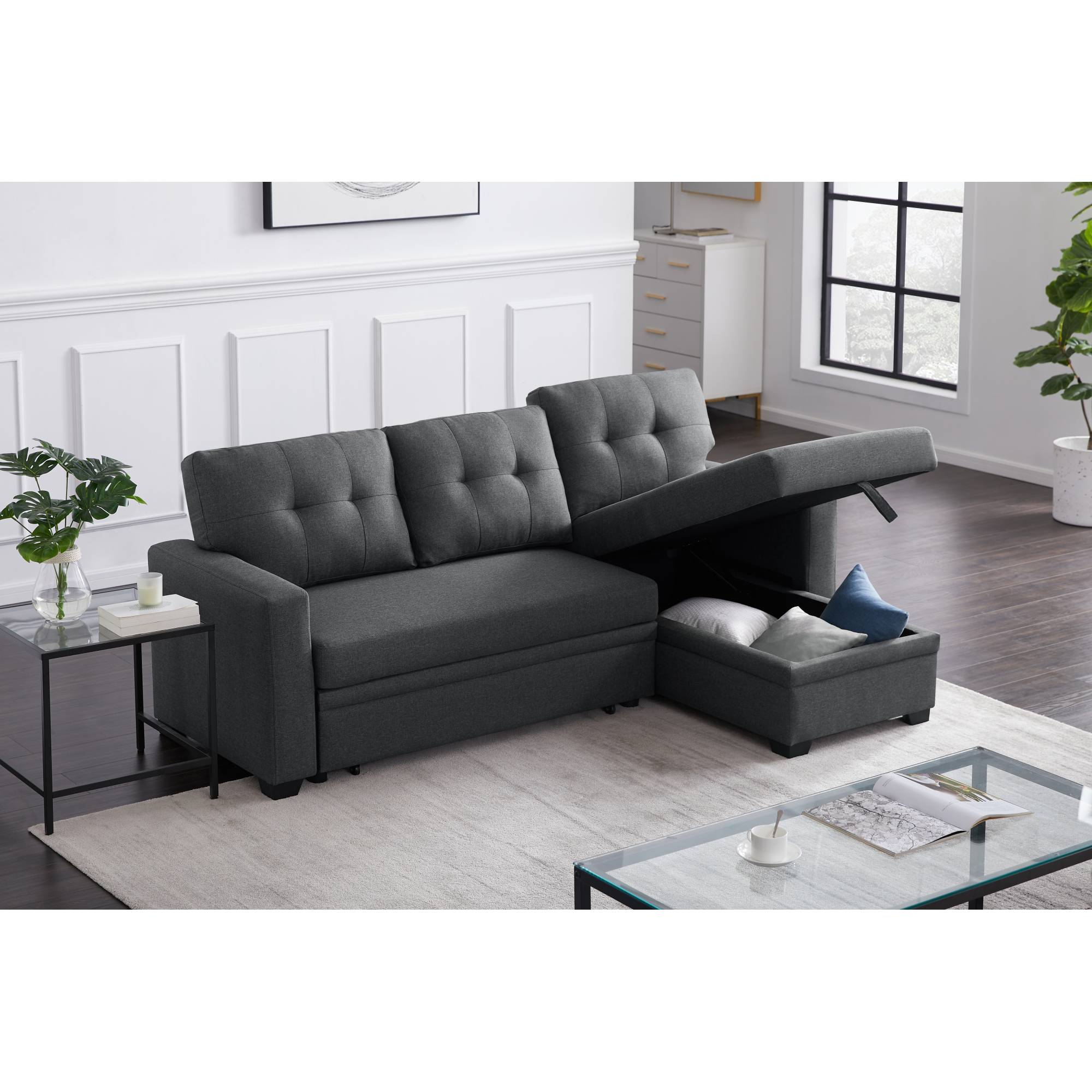 Upholstered Pull out Sectional Sofa with Chaise Modular Couches with Storage 5 Seat Sponge Sofa for Living Room Dark Gray