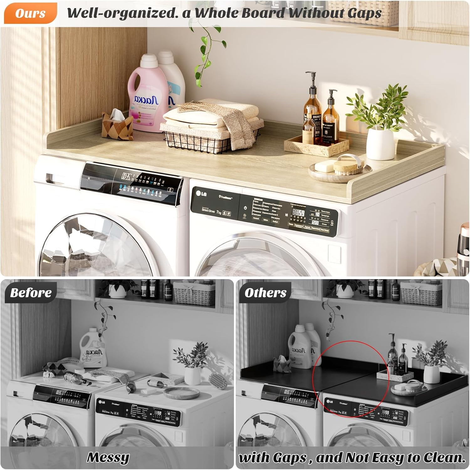 Homieasy Washer and Dryer Countertop, Laundry Room Organization with Non-Slip Pads, Wood Shelf Topper with Round Corner Edge Rails, Laundry Folding Organizer for Laundry, White Oak