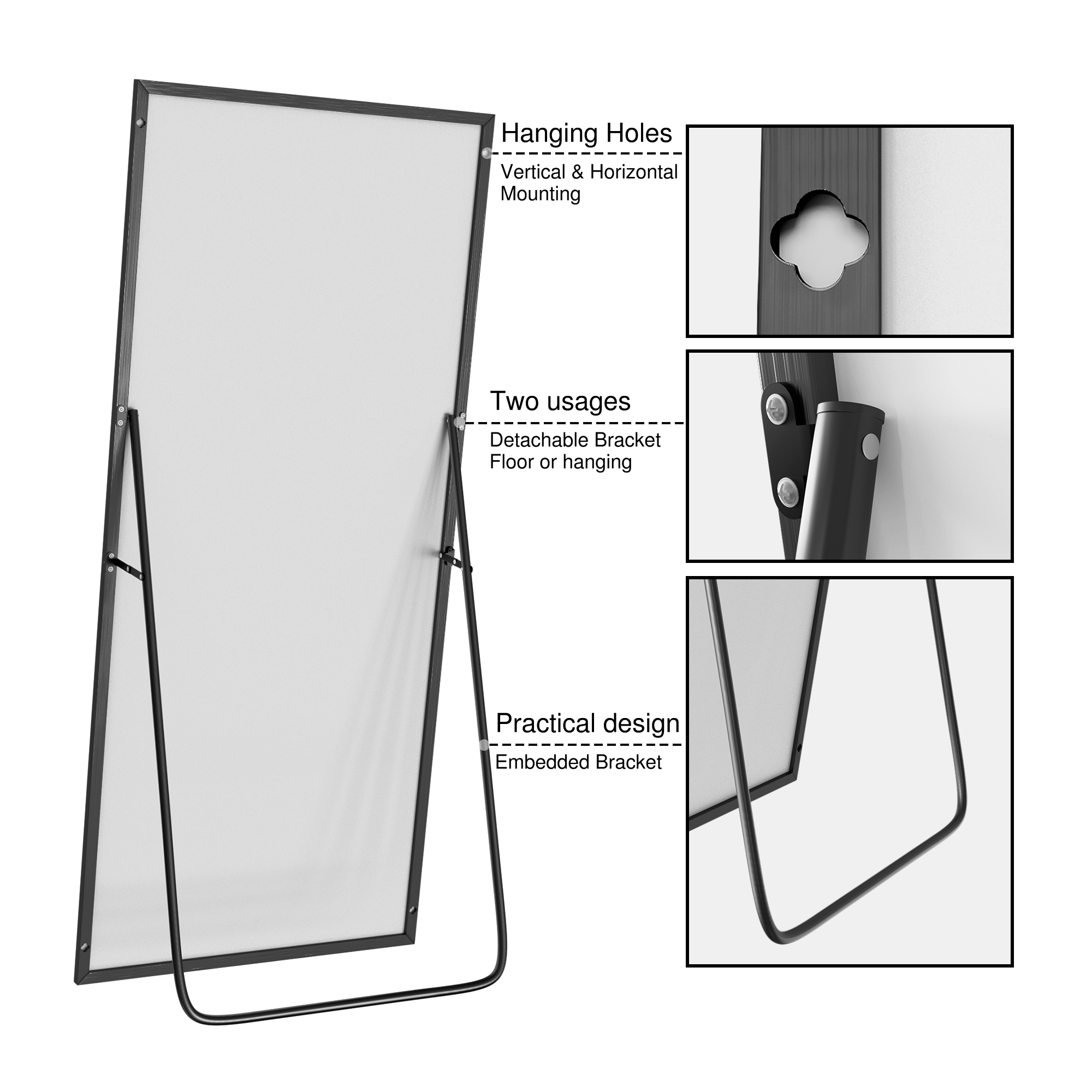 MAYEERTY 71*32*0.5in Full Body Mirror for Bedroom, Aluminum Frame, Right-Angle Rect with Stand, Black