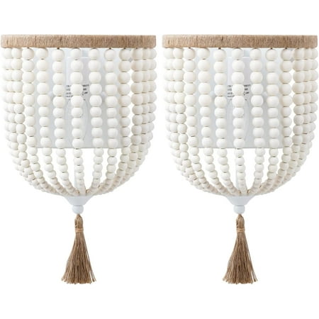 

Bohemia Wood Beaded Wall Sconces Bedside Antique Rustic Wall Sconce Lighting Fixture White Finishing for Bedroom Hallway Entryway Passway Bathroom Vanity 2 Pack