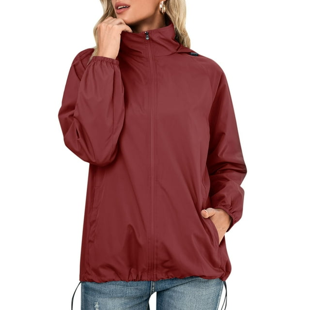 Imperméable Léger à Capuche pour Femmes Coupe-Vent Veste Décontractée Poche Zippée Solide Anorak à Cordon