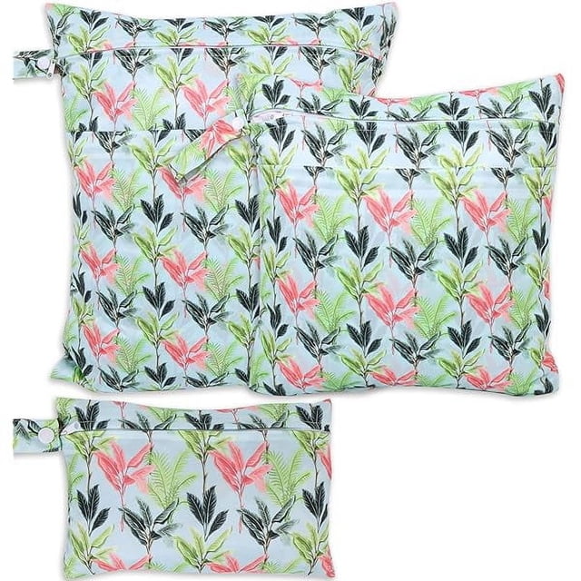 HAYAN3pcs Baby Cloth Diaper Wet Dry Bags, Waterproof Reusable Wet Bag with 2 Zipper Pockets & Handle, Washable Laundry Bags for Travel Beach Pool Daycare Yoga Gym Exercise Swimsuits, SML, Flower