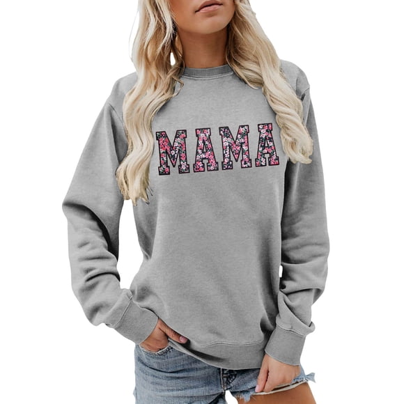 Fiaer Mama Sweatshirt for Women Mom Crewneck Sweatshirts Mama Gifts Mom Graphic Long Sleeve Pullover Tops Grey L