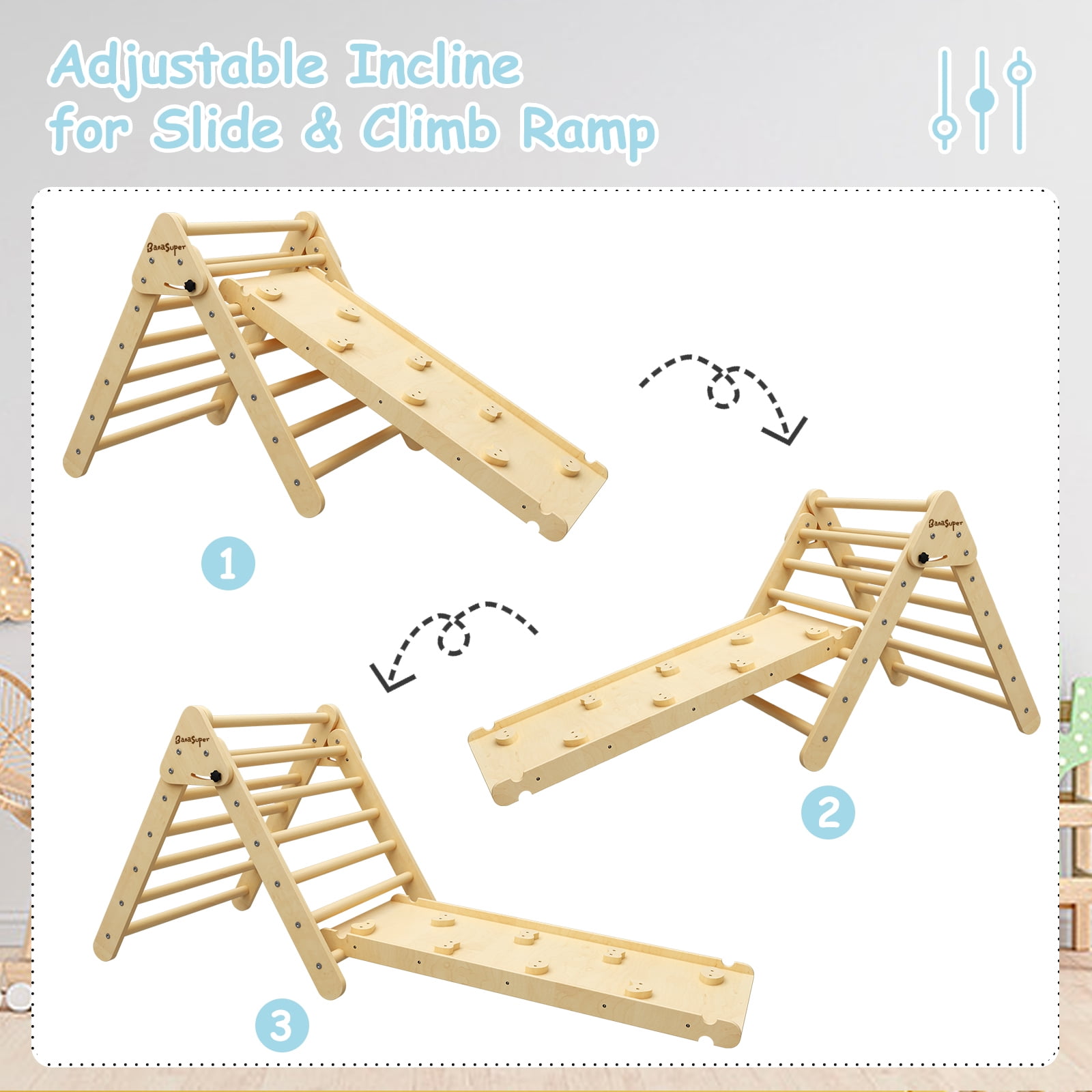 Ascism 3 in 1 Pikler Triangle Set - Adjustable Climbing Slope Playground,  Montessori Climbing Set with Ramp, Slide & Arch, Wooden Foldable Toddler