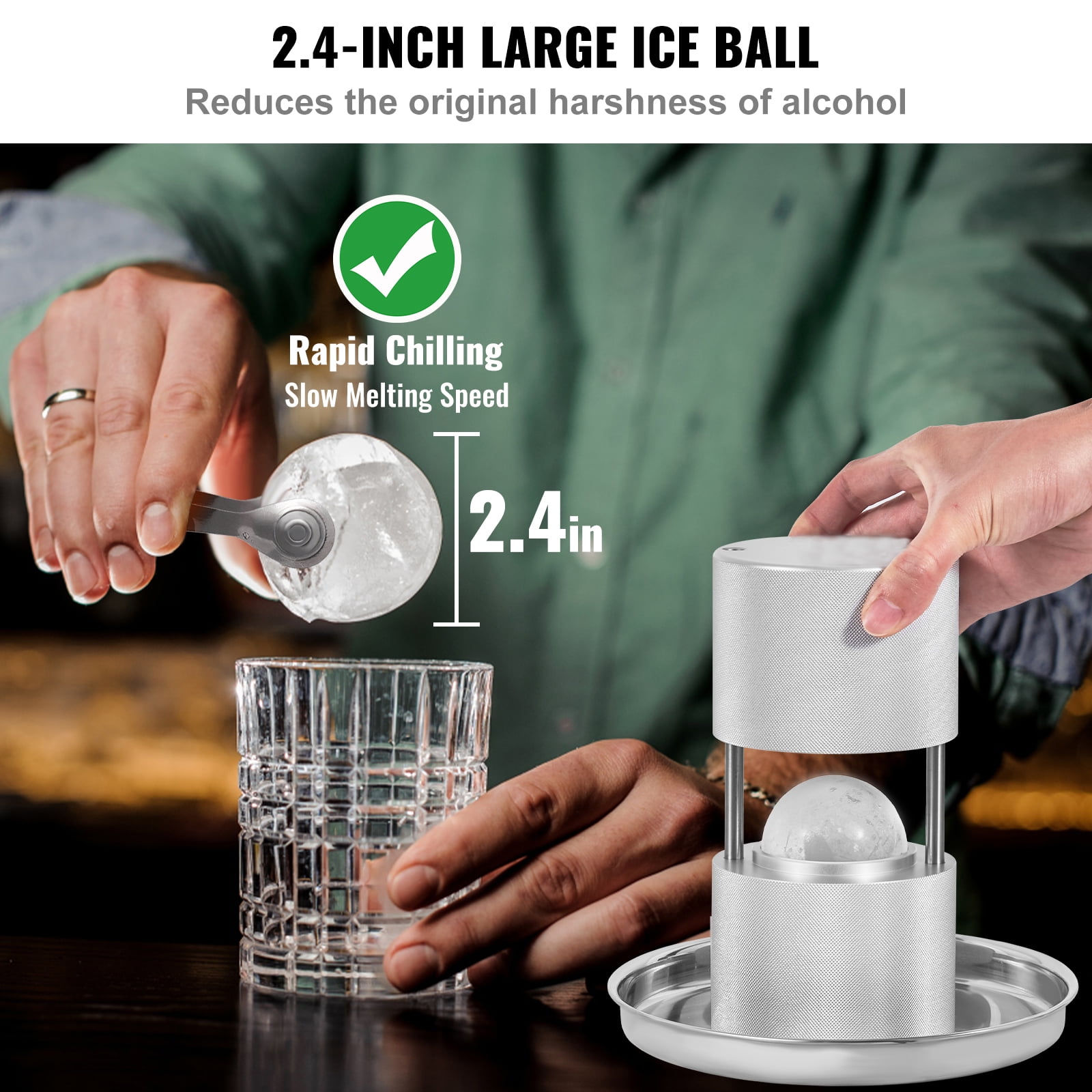 KFFKFF 2.4" Ice Ball Maker, Aluminum Alloy Ice Press Kit for 60mm Spheres, Includes Tongs and Drip Tray, Ideal for Whiskey, Cocktails, Bourbon, and Party Use, Silver