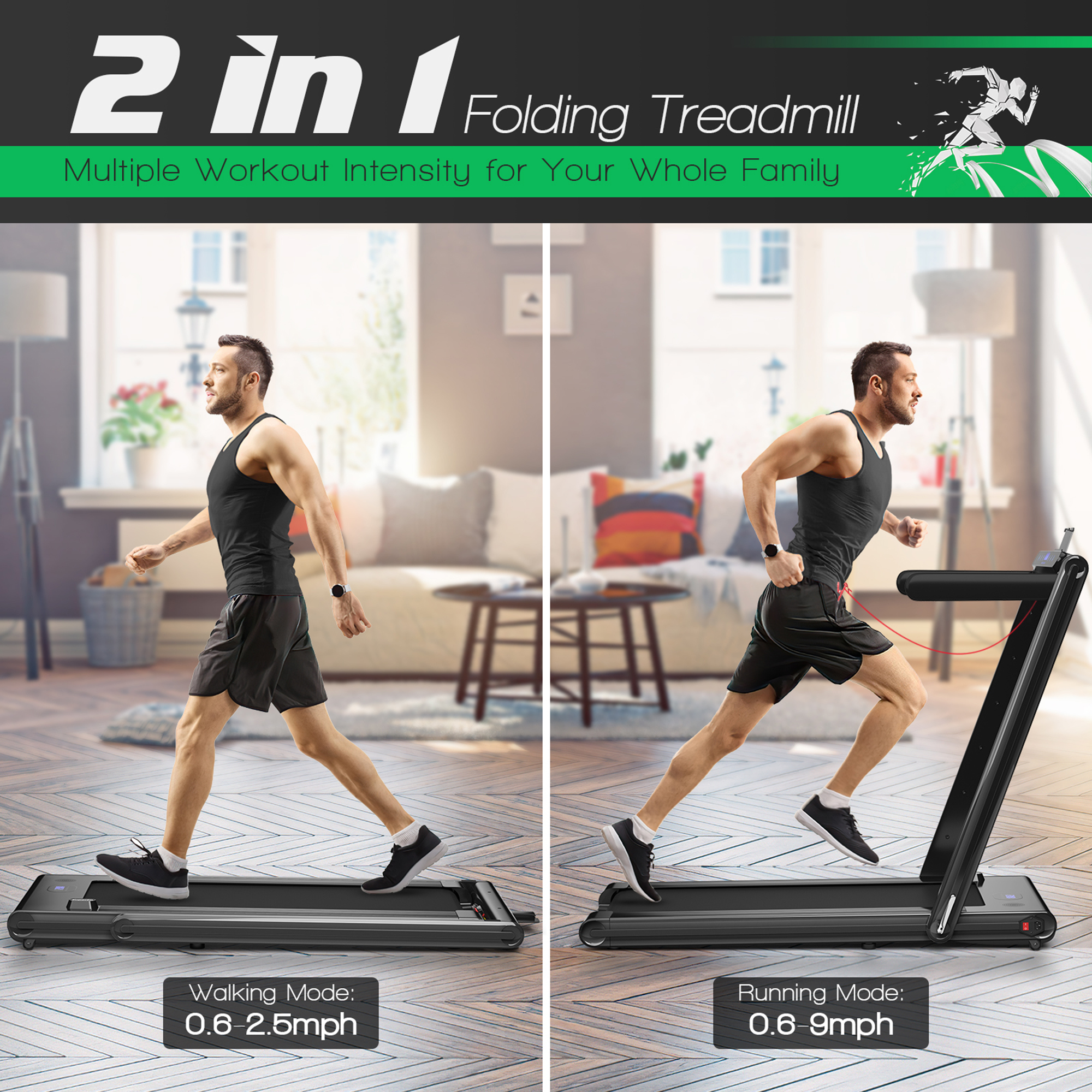 Gymax 2.25HP Folding Treadmill 2-in-1 Walking Running Machine w/ APP & Remote Control Black
