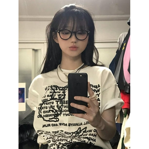 Camiseta con estampado de letras coreanas y japonesas para mujer remera holgada informal de algodon playera blanca de gran tamano con estampado Harajuku Walmart en linea
