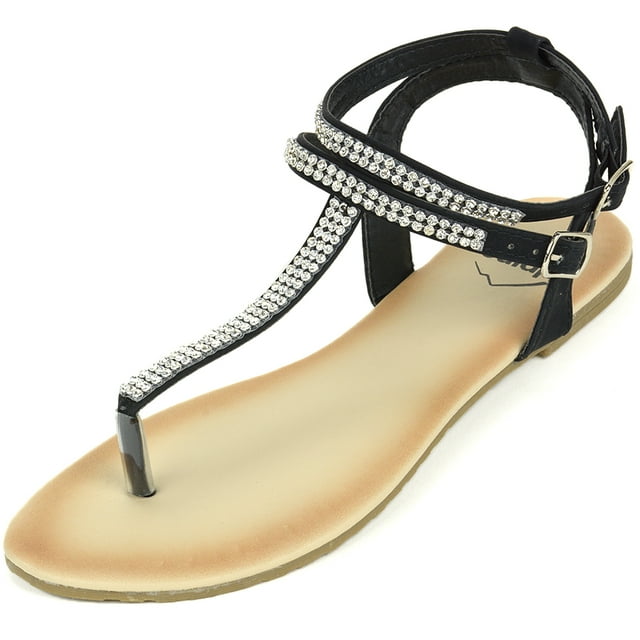 Alpine Swiss Womens Rhinestone T-Strap Sandals Ankle Strap Flat Summer Shoes