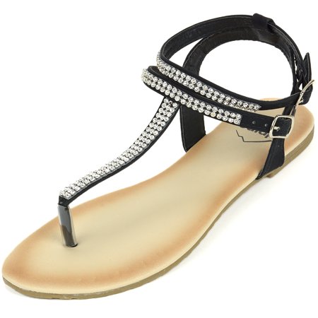 Alpine Swiss Womens Rhinestone T-Strap Sandals Ankle Strap Flat