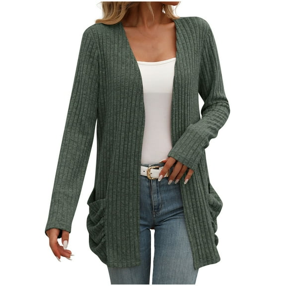 ATOYSOY Women's Loose Sweater Jackets Long Sleeve Tops Outwear Lightweight Midi Coat Casual Ribbed Sweatshirts Pockets Open Front Knitted Cardigan Fall Winter Green L