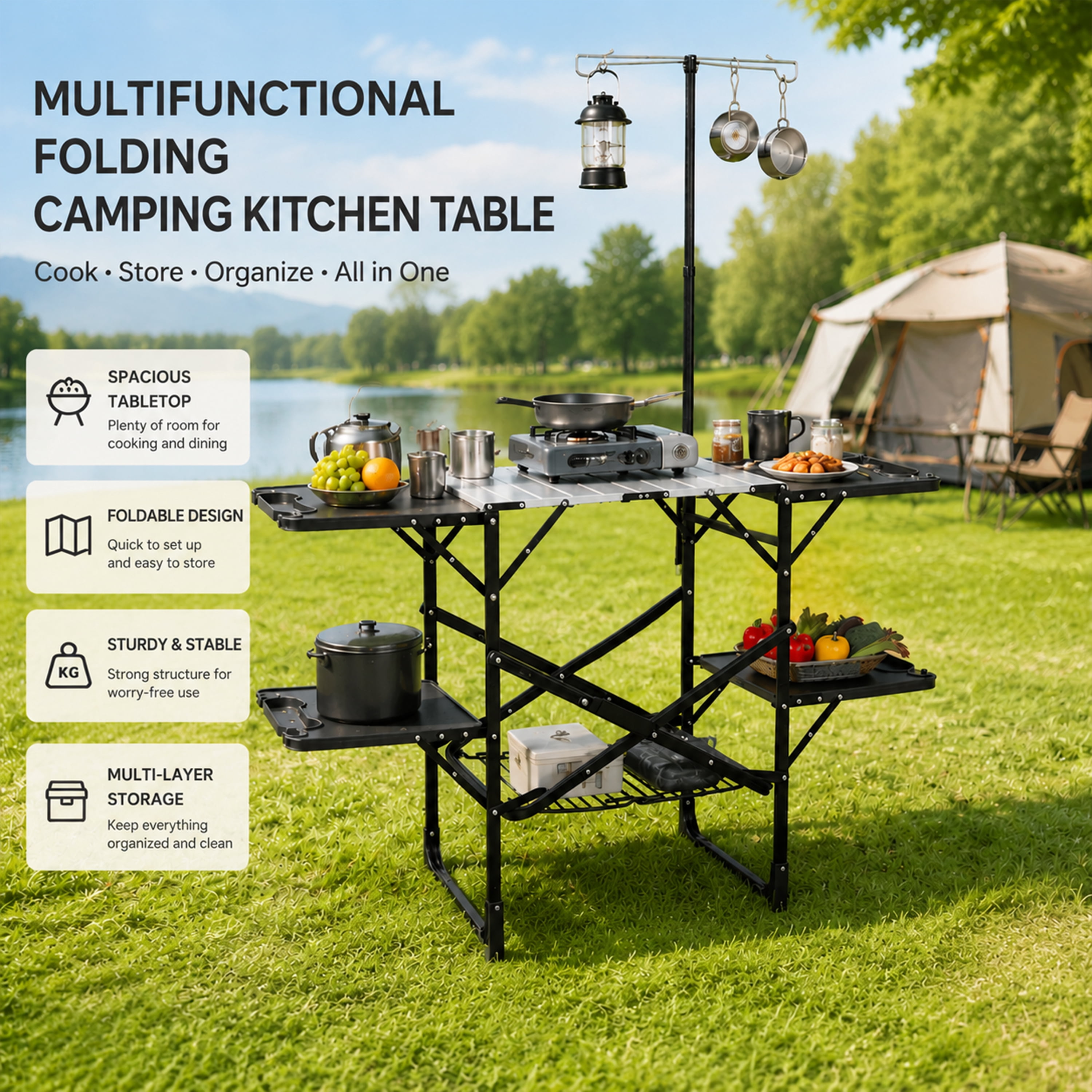 Folding Camping Kitchen Table, Portable Outdoor Cooking Station with Heat Resistant Top, 4 Side Tables, Storage Rack & Lamp Post for Picnics & Camping Trips