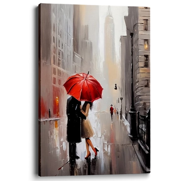 City Rain Couple Red Umbrella Canvas Wall Decor Ready to Hang Living Room