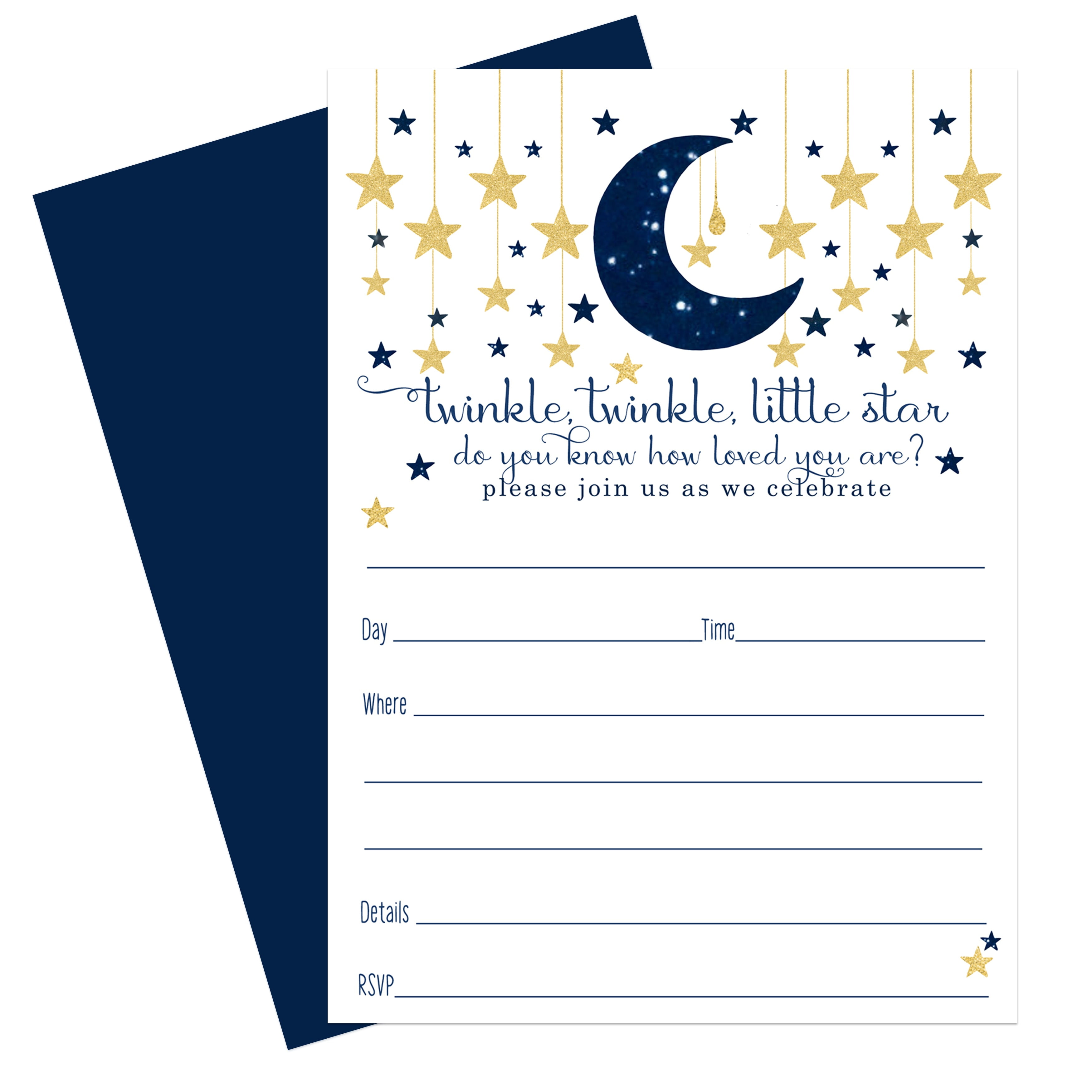 Twinkle Little Star Invitations with Envelopes 15 Pack - Blank Invites for Boys Baby Shower  Reveal - Cosmic Moon Celestial Theme Navy and Gold - Printed 4x6 Size Card Set - Paper Clever Party