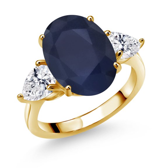 Gem Stone King 18K Yellow Gold Plated Silver Blue Sapphire and Lab Grown Diamond Engagement Ring for Women | 7.61 Cttw | Oval 14X10MM | Gemstone September Birthstone | Size 6