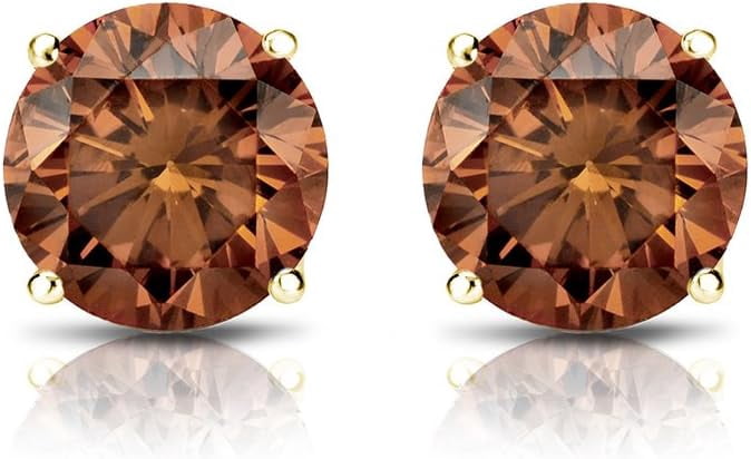 Royale Collections 1.20 Ctw Round Cut Brown Diamond Womens Push Back Stud Earrings 14K Yellow Gold Plated 925 Sterling Silver