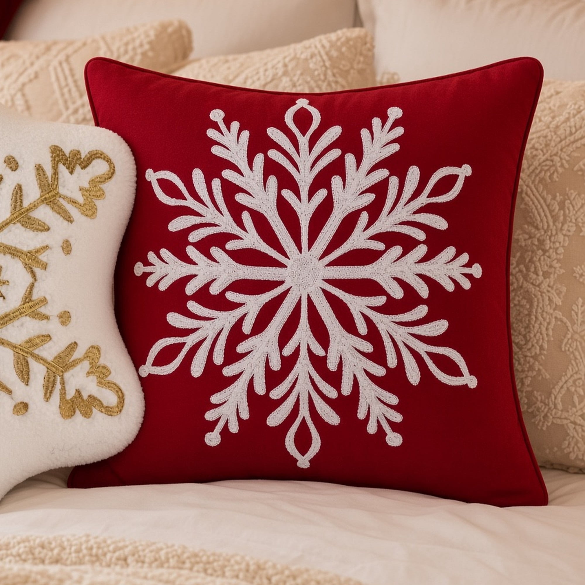 Greenland Home Fashions Decorative Holiday Red Snowflake Cotton Toss Pillow