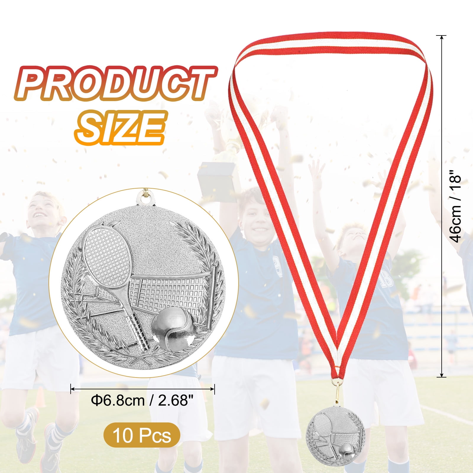Uxcell 2.7 Inch Tennis Medals Silver Award Medals with Neck Ribbon for Team Sports Games Party Favors 10 Pieces