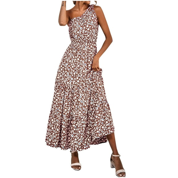 USSUMA Sundresses for Women Plus Size Women One Shoulder Sleeveless Maxi Dresses Casual Summer Boho Pleated Dresses Smocked High Waist Floral Print Swing Long Dress
