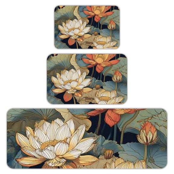 RKSupls Kitchen Rug Set 3 Piece Anti-Slip Flannel Floor Mats, Lotus Flowers Pattern Washable Absorbent Runner Mats for Kitchen Bathroom Home Decor