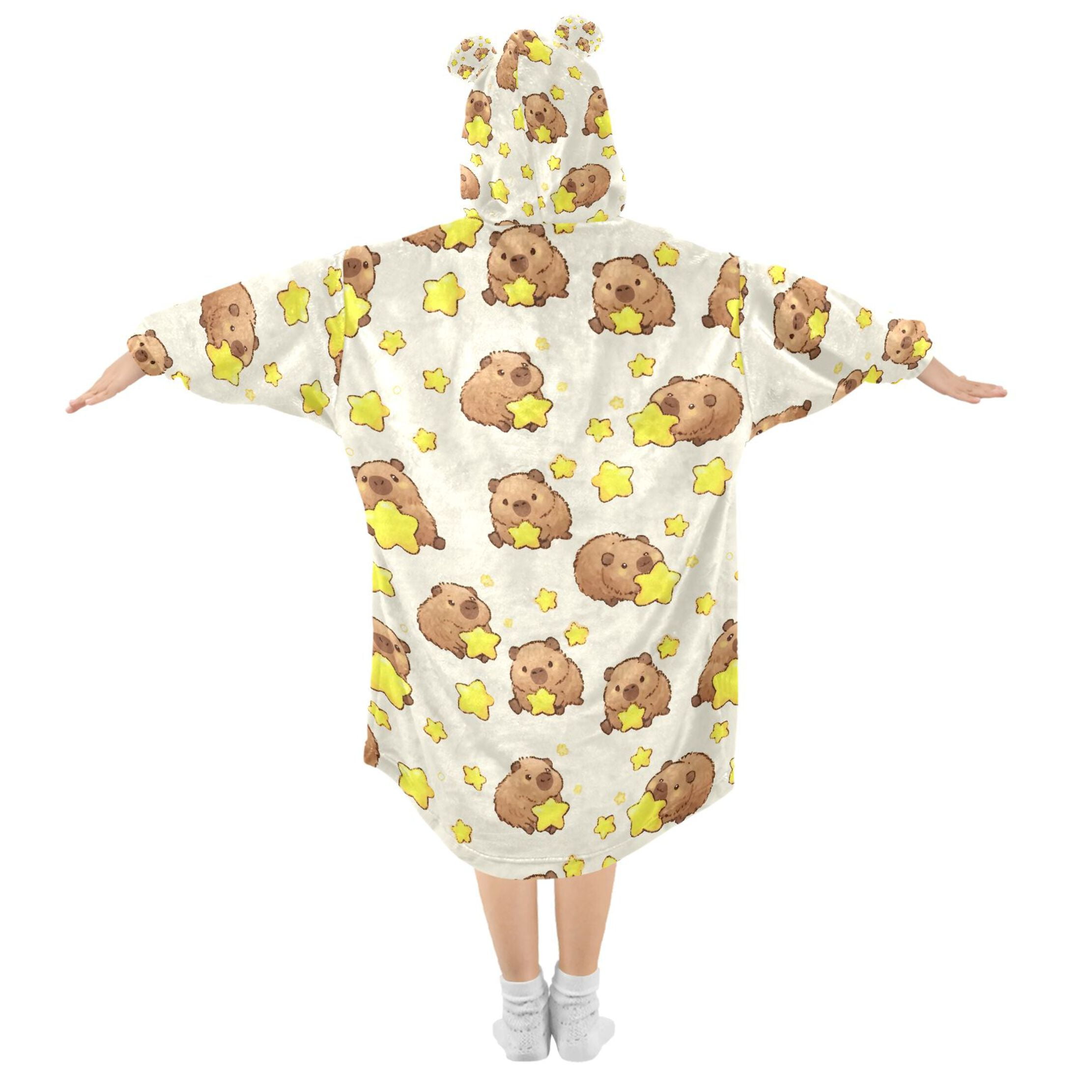 Wearable Blanket Hoodie for Capybara Star Flannel Hooded Blanket with Pockets and Sleeves Suitable