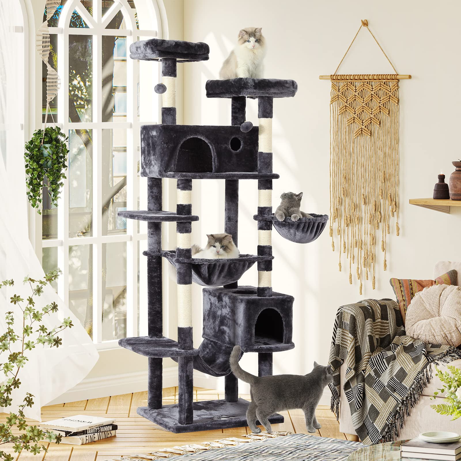 Cat Tree 76 inches, XXL Large Cat Tower with 3 Types of Hammocks, Multi