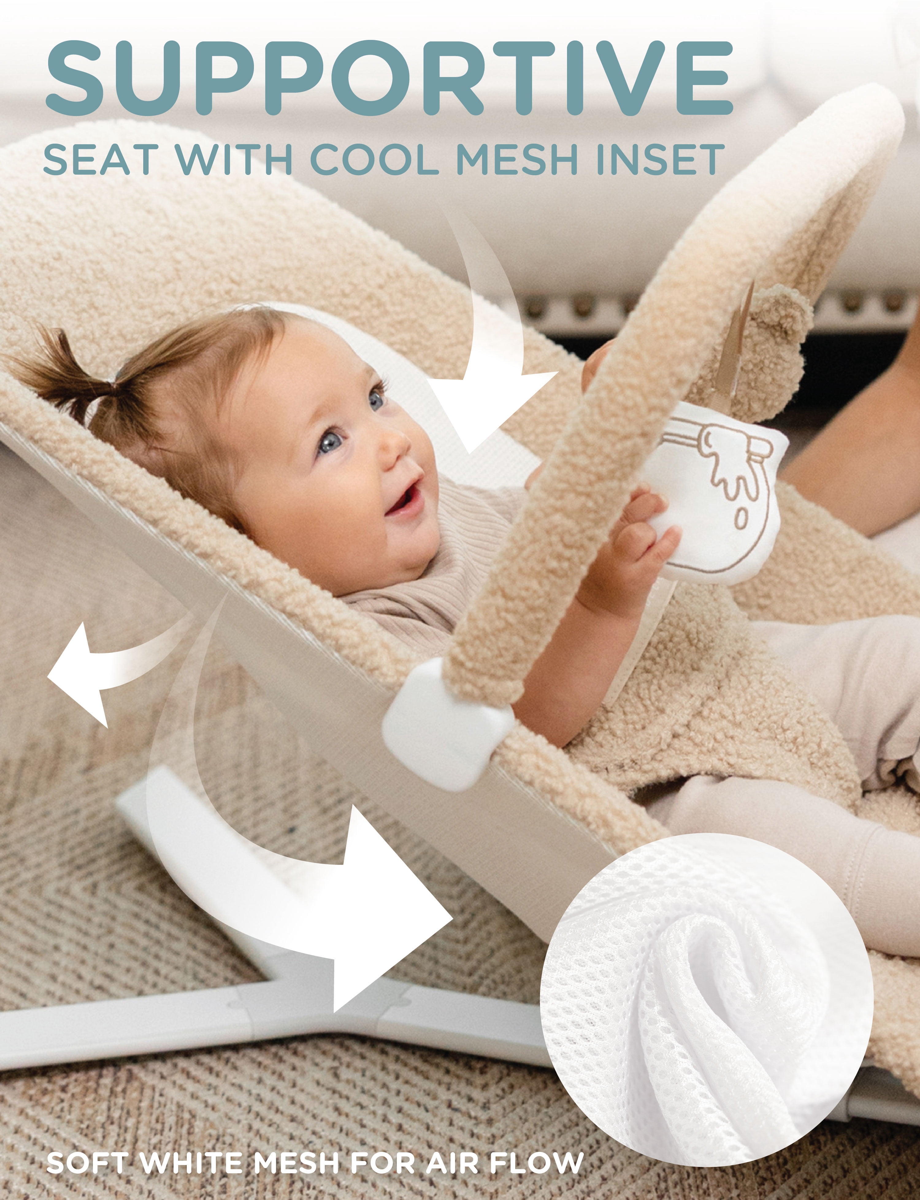 Baby Delight Alpine Portable Baby Bouncer, Tan Sherpa, Plush & Lightweight with 3 Recline Positions, Tan Sherpa