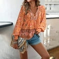 thumbnail image 2 of MNCEKFOD Women's Button Down Shirt Bohemian Trendy Printed V Neck Long Sleeve Shirt with Tie Comfy Summer Casual Blouse Shirts Orange L, 2 of 7