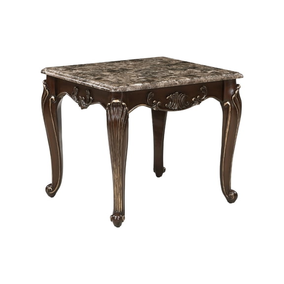 Hesar Side End Table- 28 Inch Marble- Cherry Brown Wood Cabriole Legs