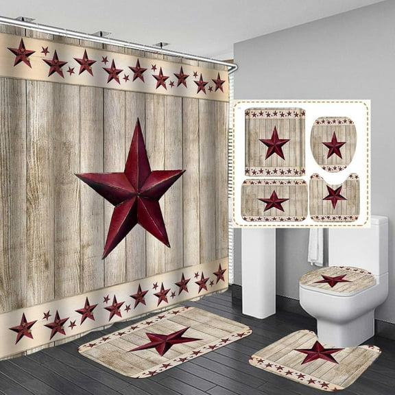 4PCS/SET Farmhouse Shower Curtain, Brown Barn Star Western Texas Star Outhouse Birdhouse Pip Berry Vine Country Rustic Bathroom Decor, Non-slip Bath Rugs Toilet Mats, Primitive House