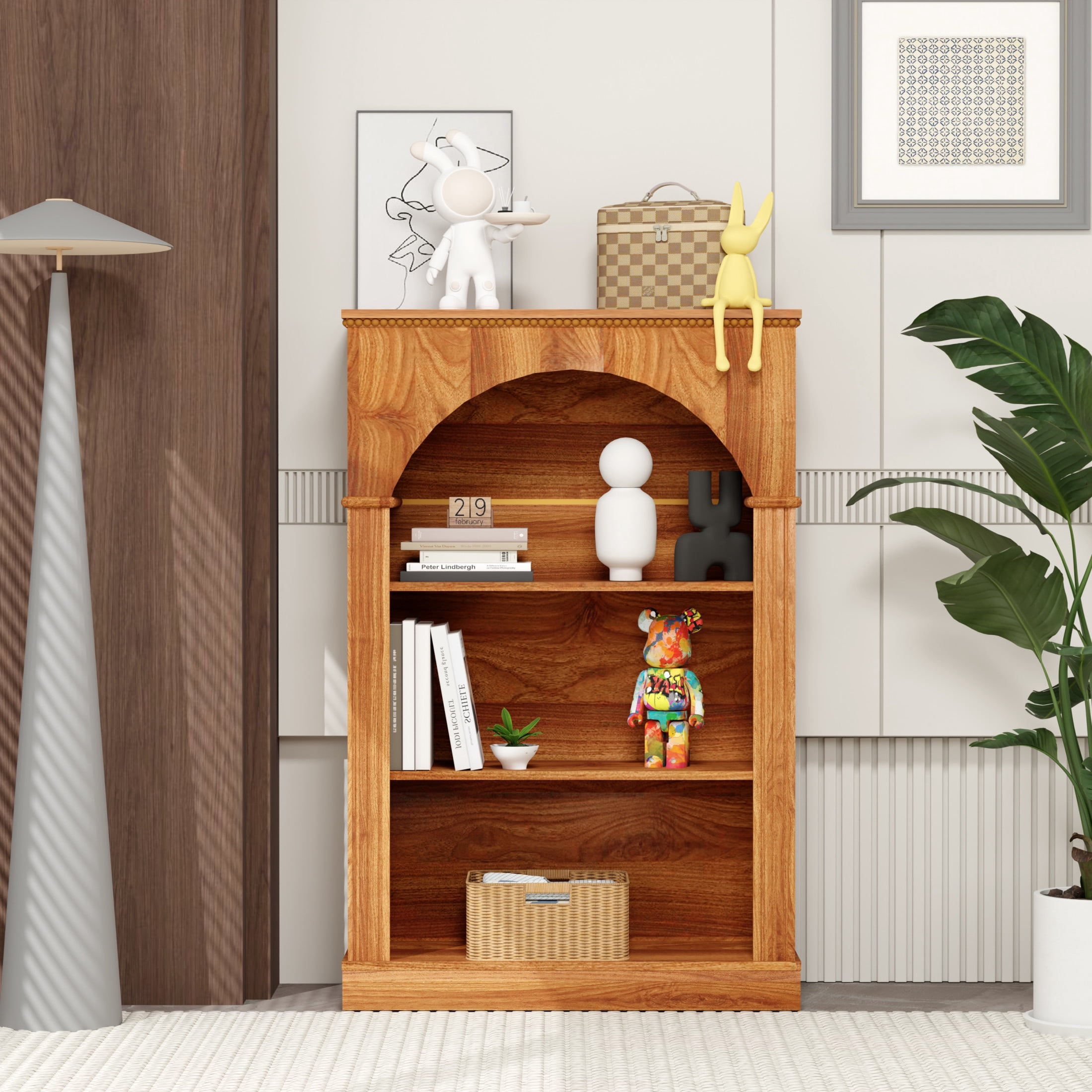 Noble House 48" Arched Bookcase, 3-Tier Open Bookshelf with Decorative Beaded Trim, Walnut