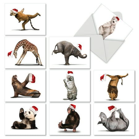 'M6547XTG YULETIDE ZOO YOGA' 10 Assorted Christmas Thank You Notecards Featuring Fun and Flexible Zoo Animals Practicing Yoga Poses While Wearing Christmas Hats, with Envelopes by The Best Card