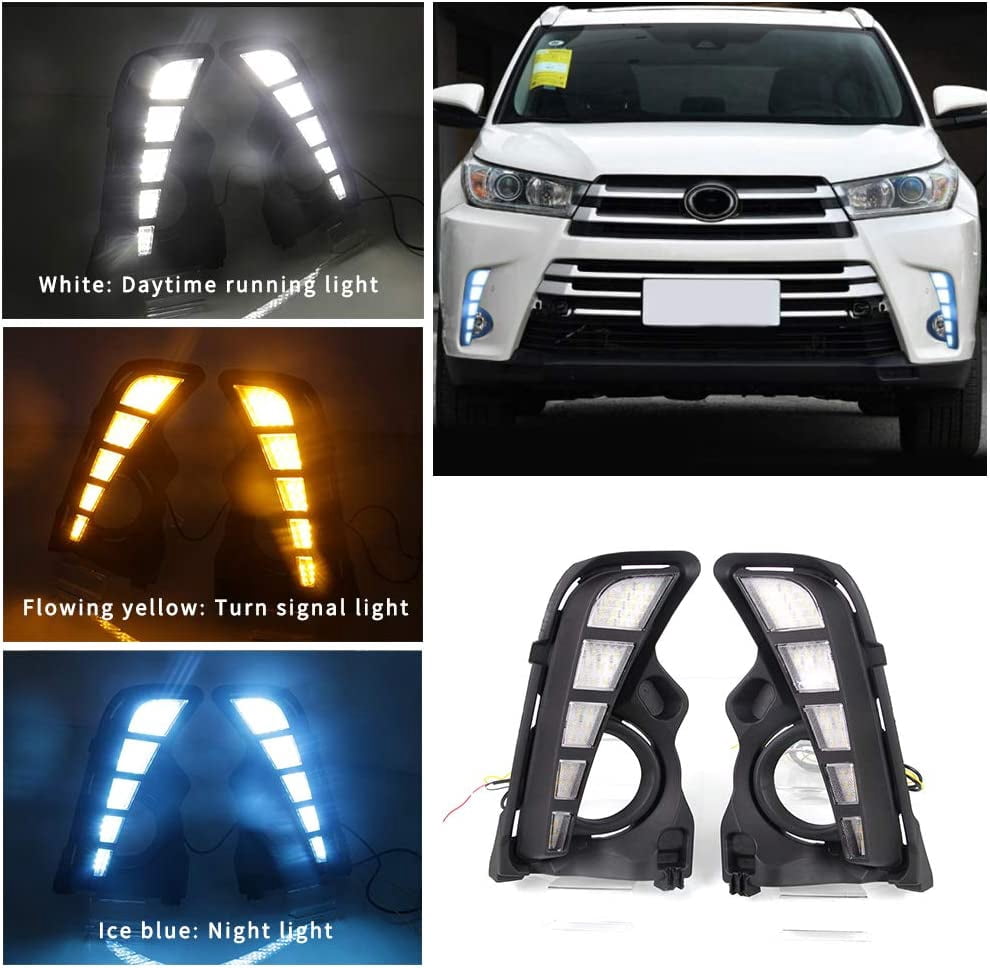Leadwolf Super Bright DRL Daytime Running Light for Toyota Highlander 2011-2013 High Performance Front Bumper Fog Lamp Assembly Automotive Replacement Dual Color 8 LED Beads 1Pair