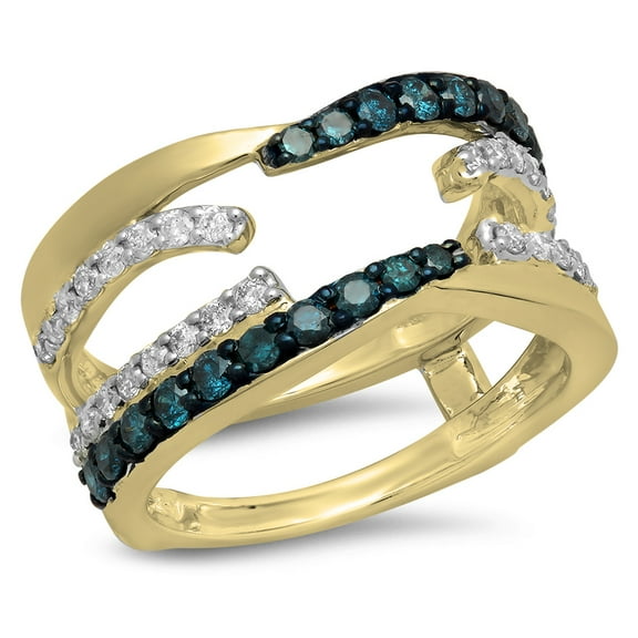 0.90 Carat (ctw) 10K Yellow Gold Round White & Blue Diamond Ladies Anniversary Wedding Band Guard Double Ring