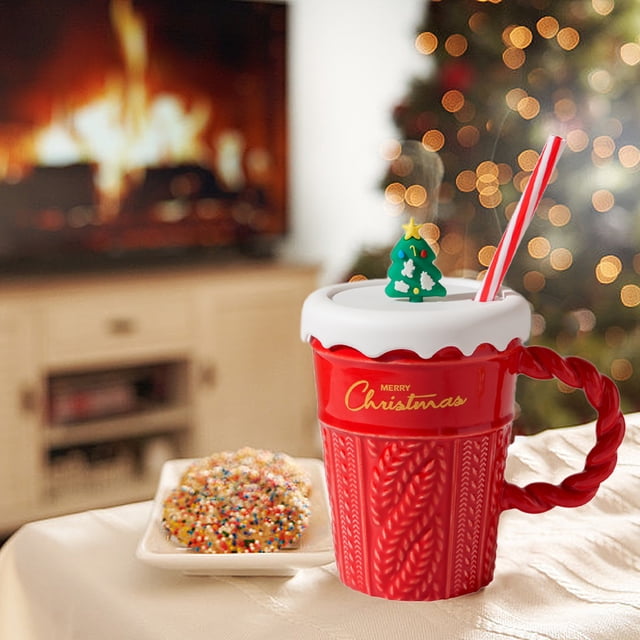 Yhsdtq,Price Drop,Ceramic Straw Mug, Christmas Tree Design, Double-Walled Insulated, Lid Included, For Couples, Holiday Gifting, High-Quality Material, Thermal Keep Warm | Ceramics, Red