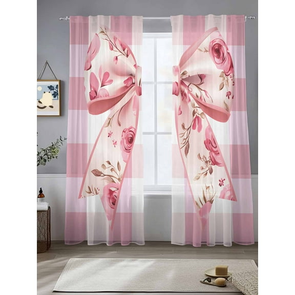 Pink Floral Print Sheer Curtains for Living Room Bedroom Checkered Bow Rose Flower Gingham Sheer Curtains 96 Inch Long 2 Panels Set Light Filtering Curtain Window Treatments Drapes for Dining Room