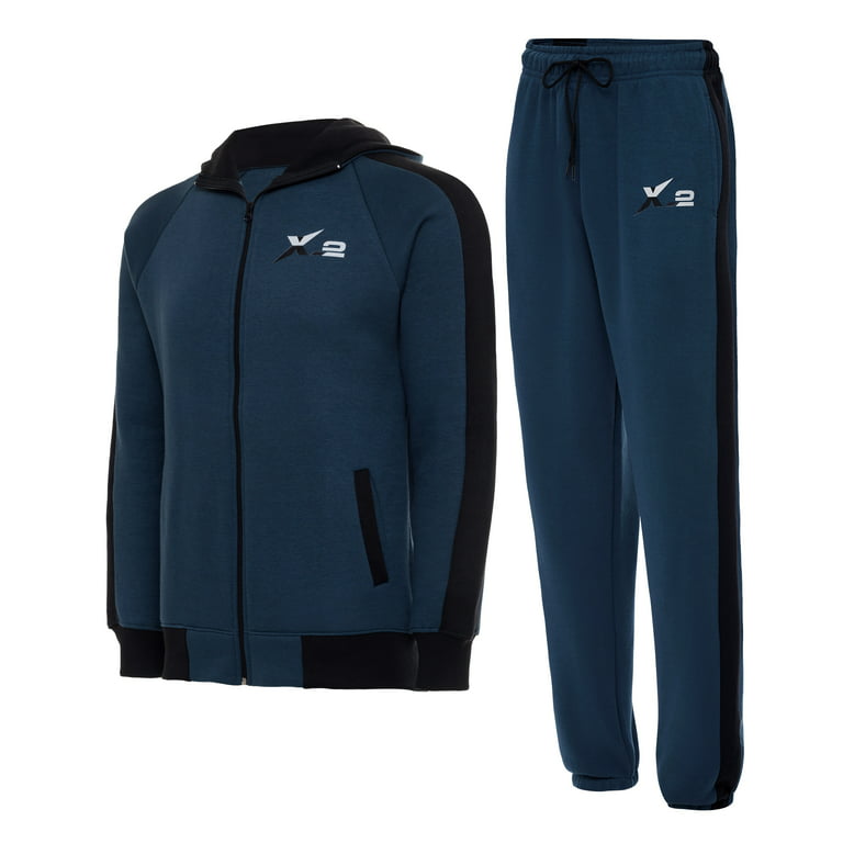 X-2 Men Track Suits 2 Pieces Set Full Zip Sweatsuit Men Hooded Tracksuit  Athletic Sports Set Teal Blue XXX-Large