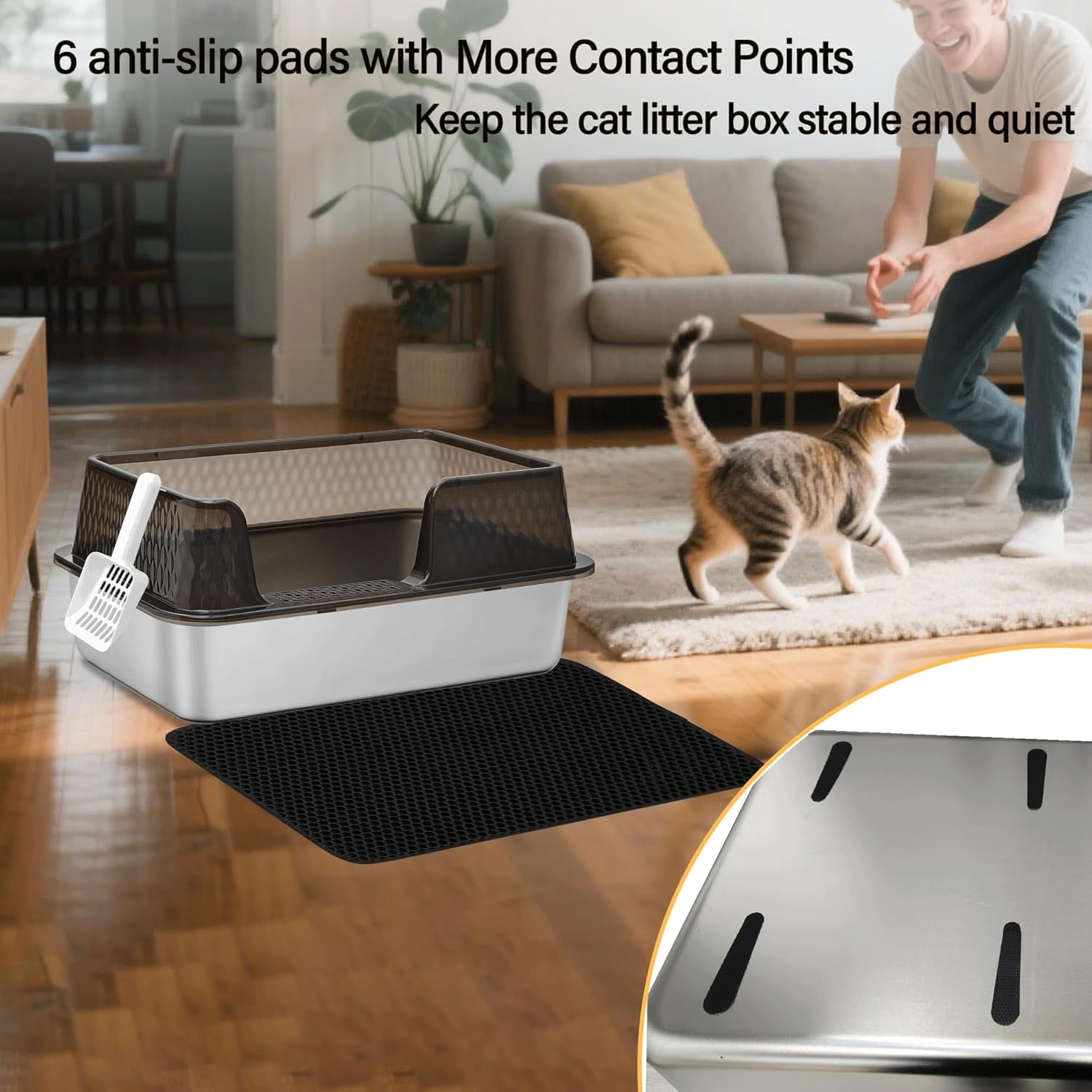 Medium Low Entry Enclosed Stainless Steel Cat Litter Box with lid Scoop and Pads Easy Clean Kitten Kitty Transparent Black Metal Litter Box